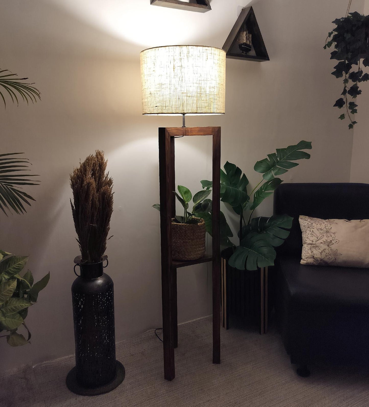 Come Wooden Floor Lamp with Shelf, Brown Base and Beige Fabric Lampshade