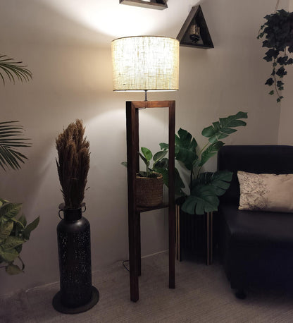 Come Wooden Floor Lamp with Shelf, Brown Base and Beige Fabric Lampshade