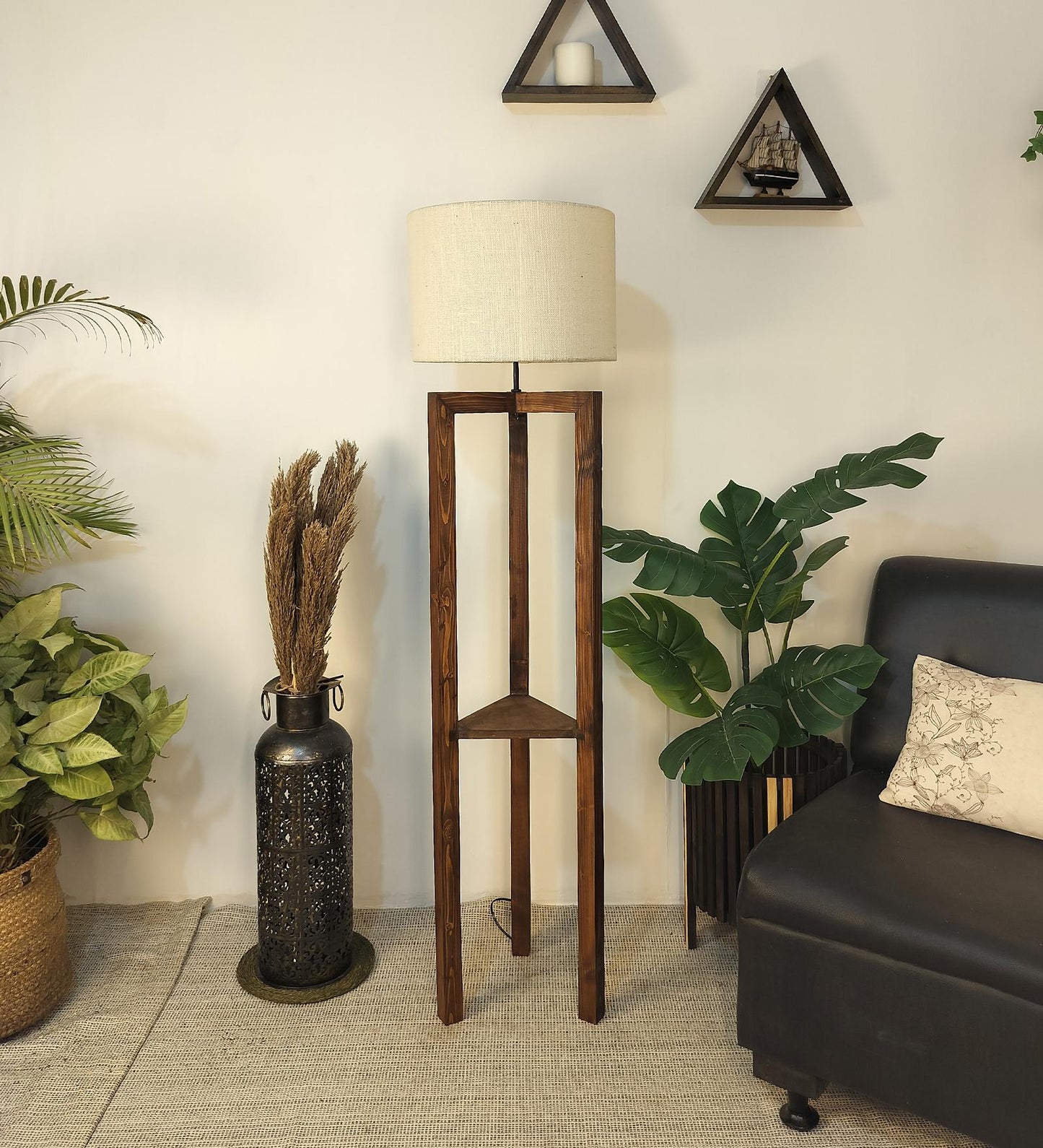 Come Wooden Floor Lamp with Shelf, Brown Base and Beige Fabric Lampshade