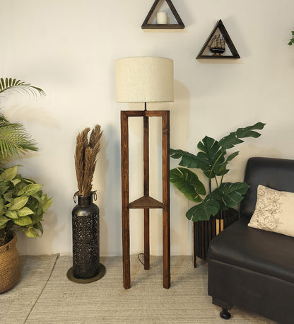 Come Wooden Floor Lamp with Shelf, Brown Base and Beige Fabric Lampshade