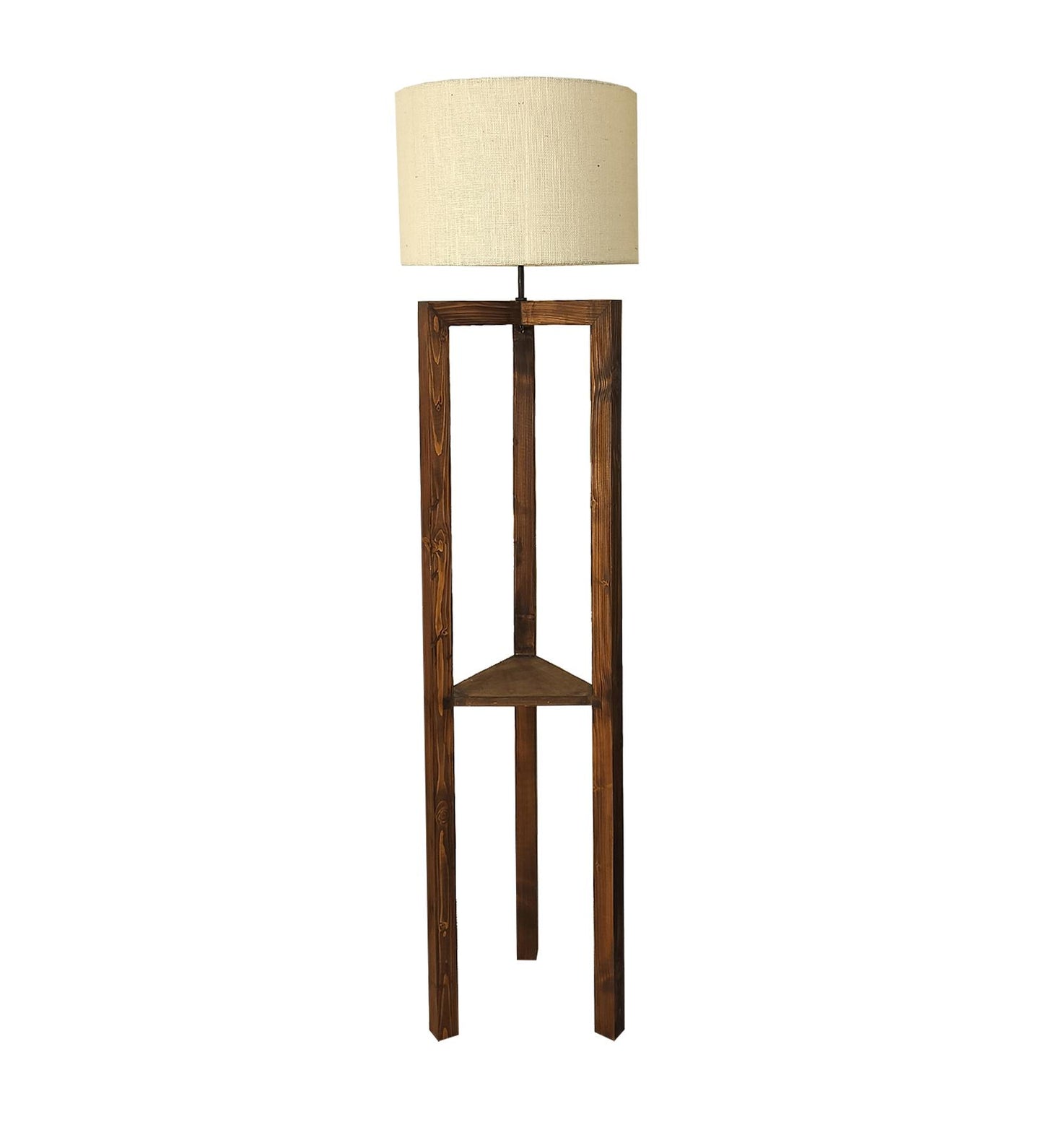 Come Wooden Floor Lamp with Shelf, Brown Base and Beige Fabric Lampshade