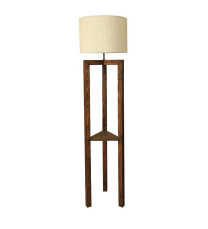 Come Wooden Floor Lamp with Shelf, Brown Base and Beige Fabric Lampshade