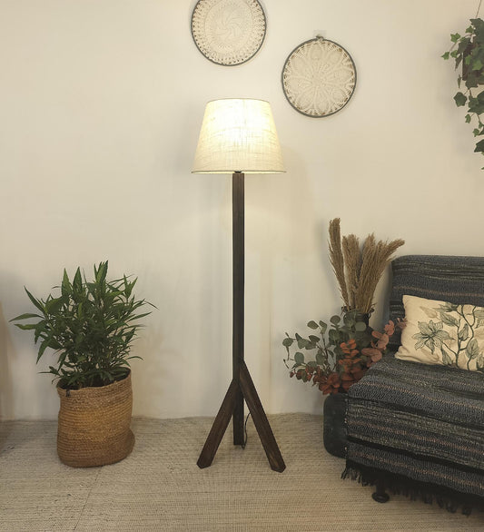 Vow Wooden Floor Lamp with Brown Base and Jute Fabric Lampshade
