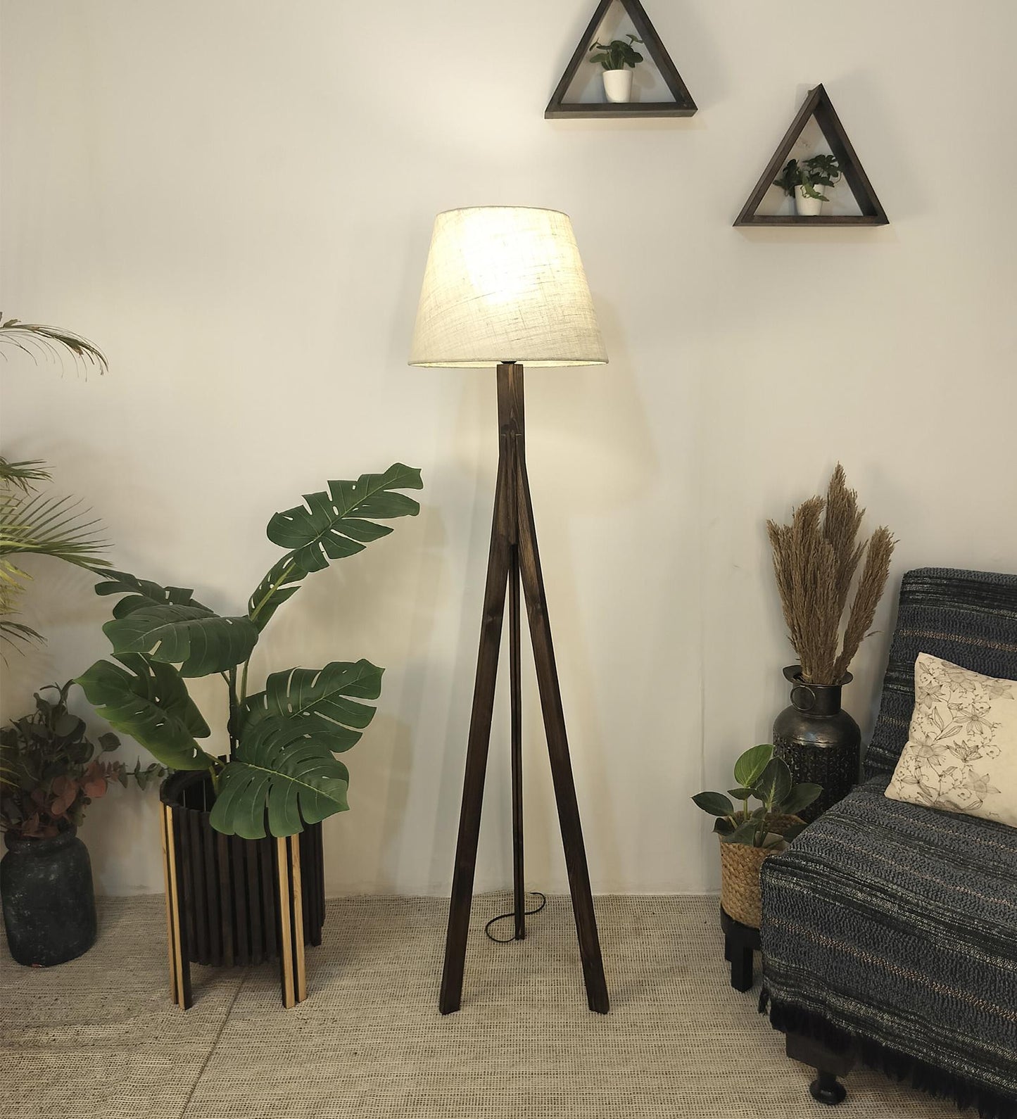 Safe Wooden Floor Lamp with Brown Base and Beige Fabric Lampshade
