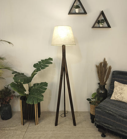 Safe Wooden Floor Lamp with Brown Base and Beige Fabric Lampshade