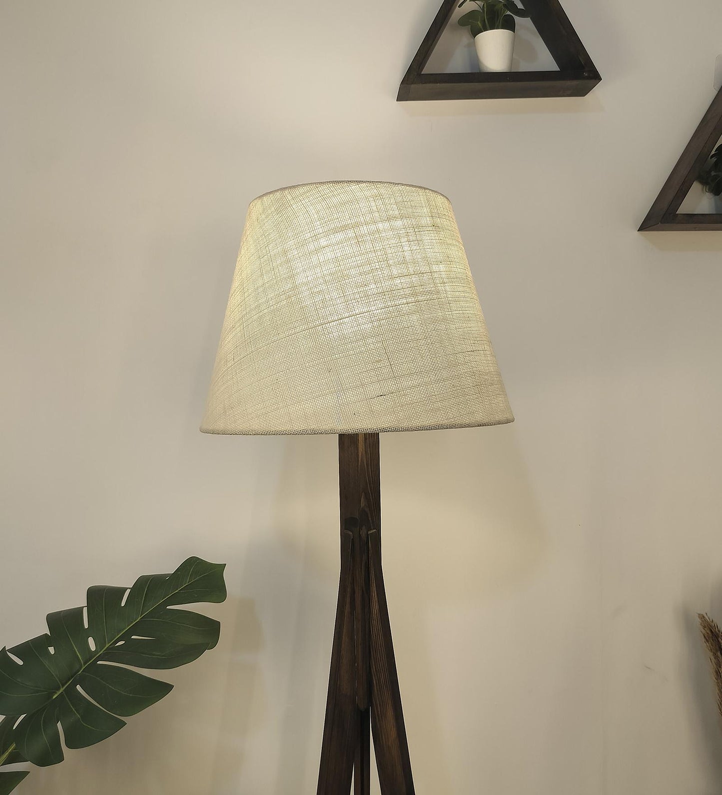 Safe Wooden Floor Lamp with Brown Base and Beige Fabric Lampshade
