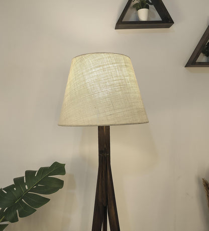 Safe Wooden Floor Lamp with Brown Base and Beige Fabric Lampshade