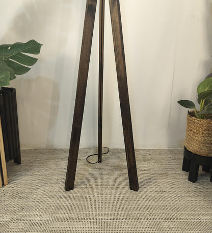 Safe Wooden Floor Lamp with Brown Base and Beige Fabric Lampshade
