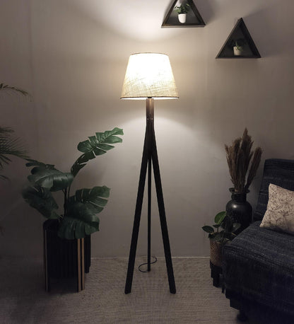 Safe Wooden Floor Lamp with Brown Base and Beige Fabric Lampshade