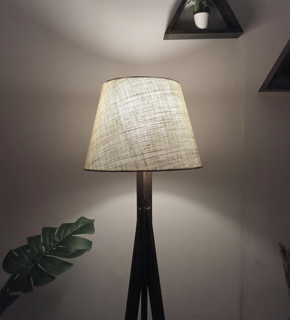Safe Wooden Floor Lamp with Brown Base and Beige Fabric Lampshade