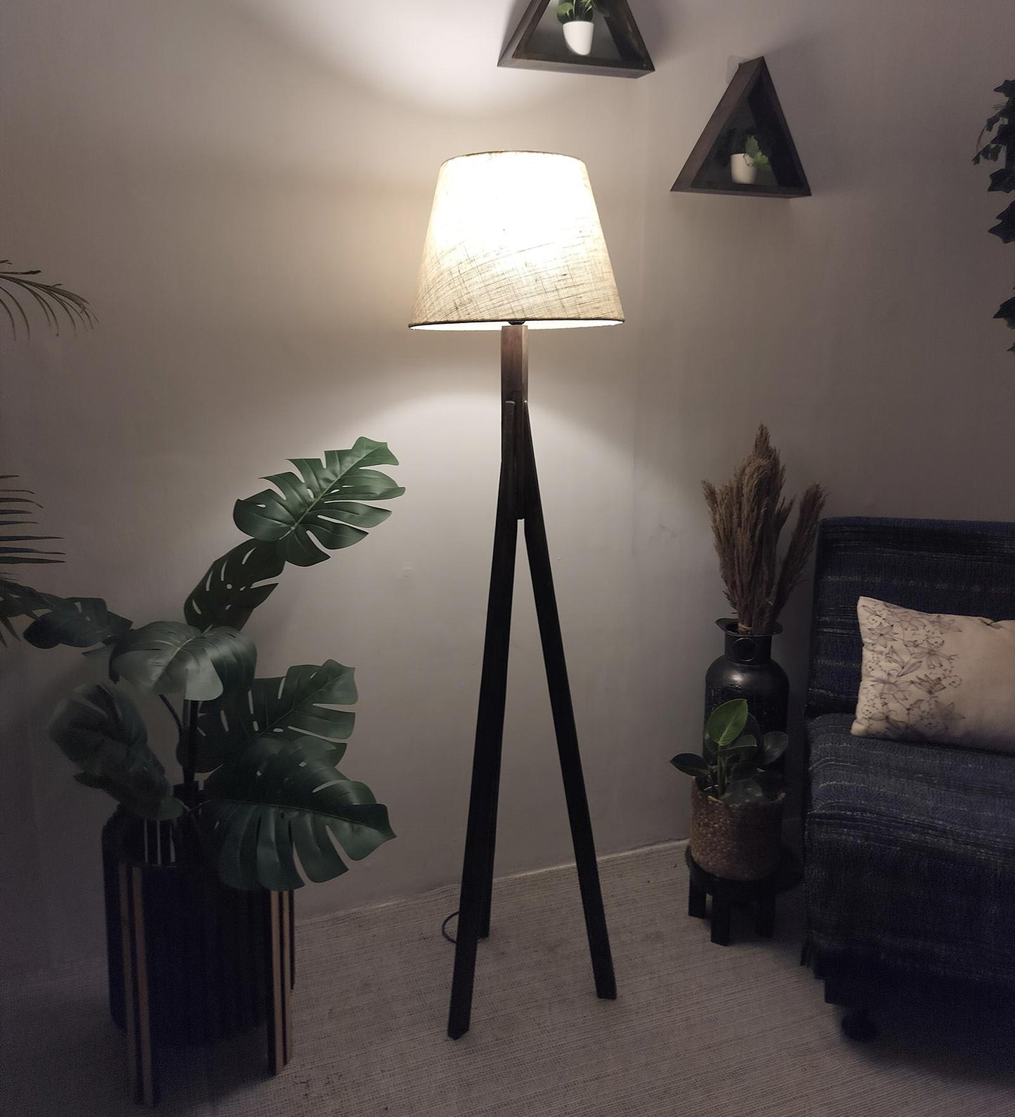 Safe Wooden Floor Lamp with Brown Base and Beige Fabric Lampshade