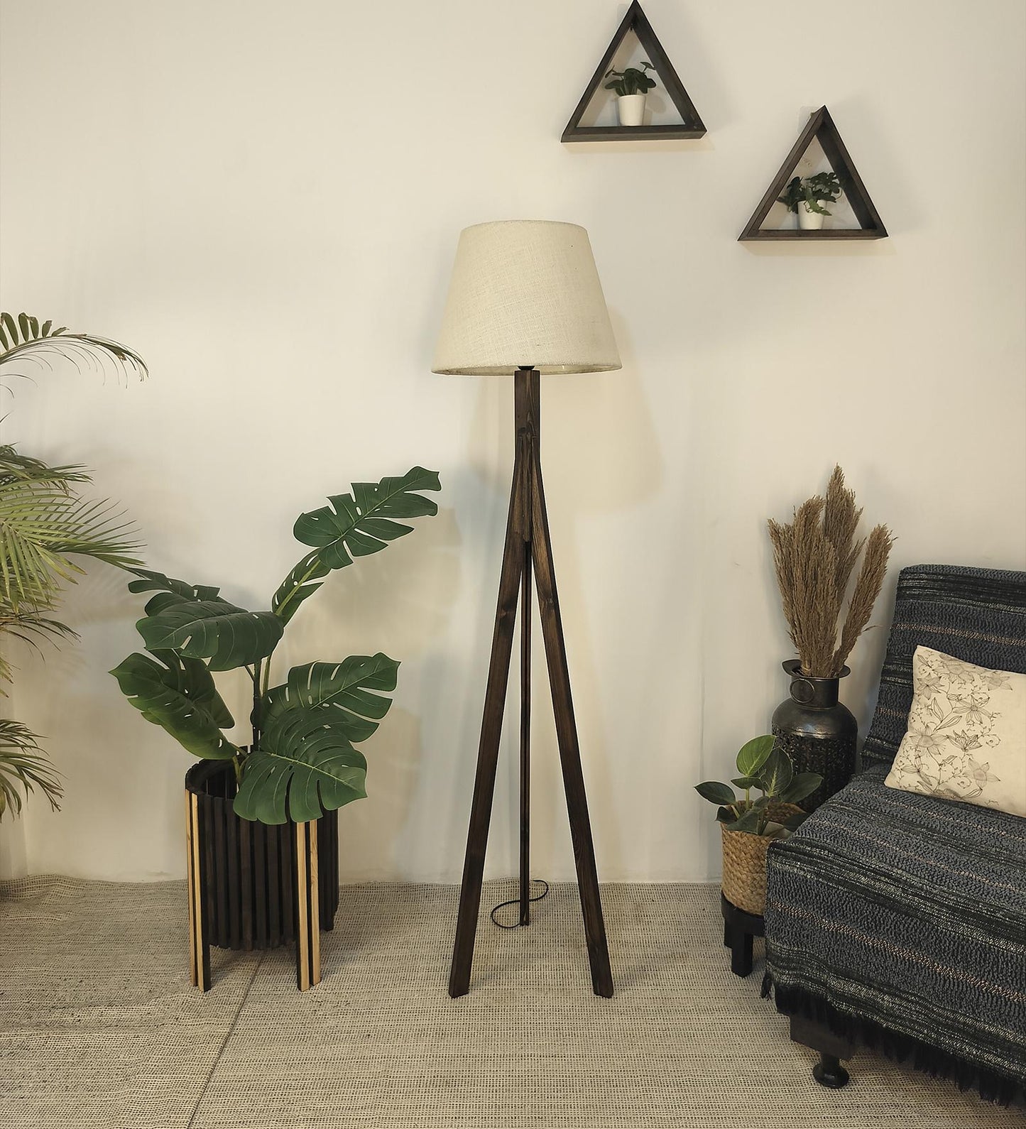 Safe Wooden Floor Lamp with Brown Base and Beige Fabric Lampshade