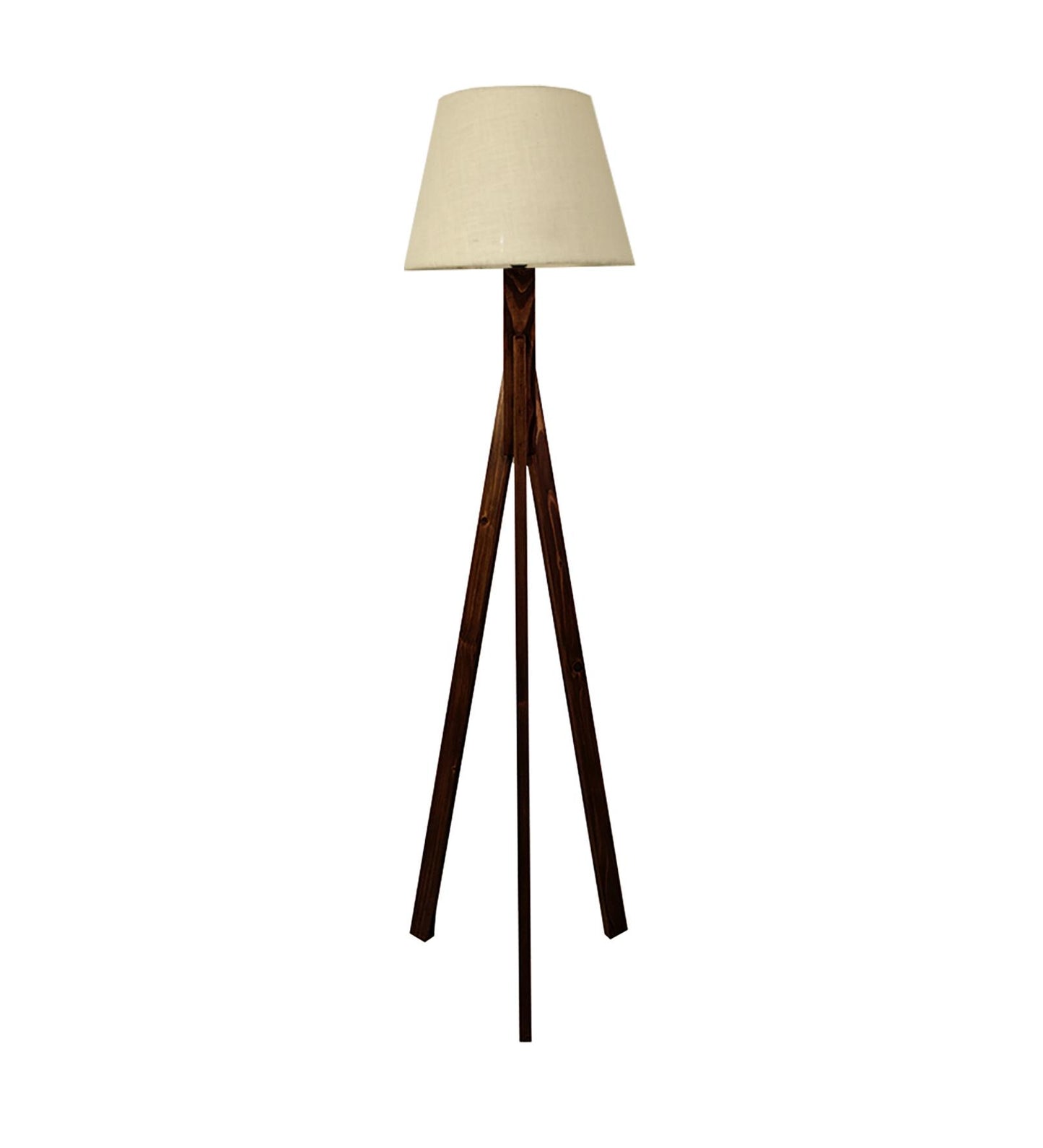 Safe Wooden Floor Lamp with Brown Base and Beige Fabric Lampshade