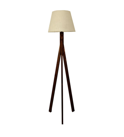 Safe Wooden Floor Lamp with Brown Base and Beige Fabric Lampshade