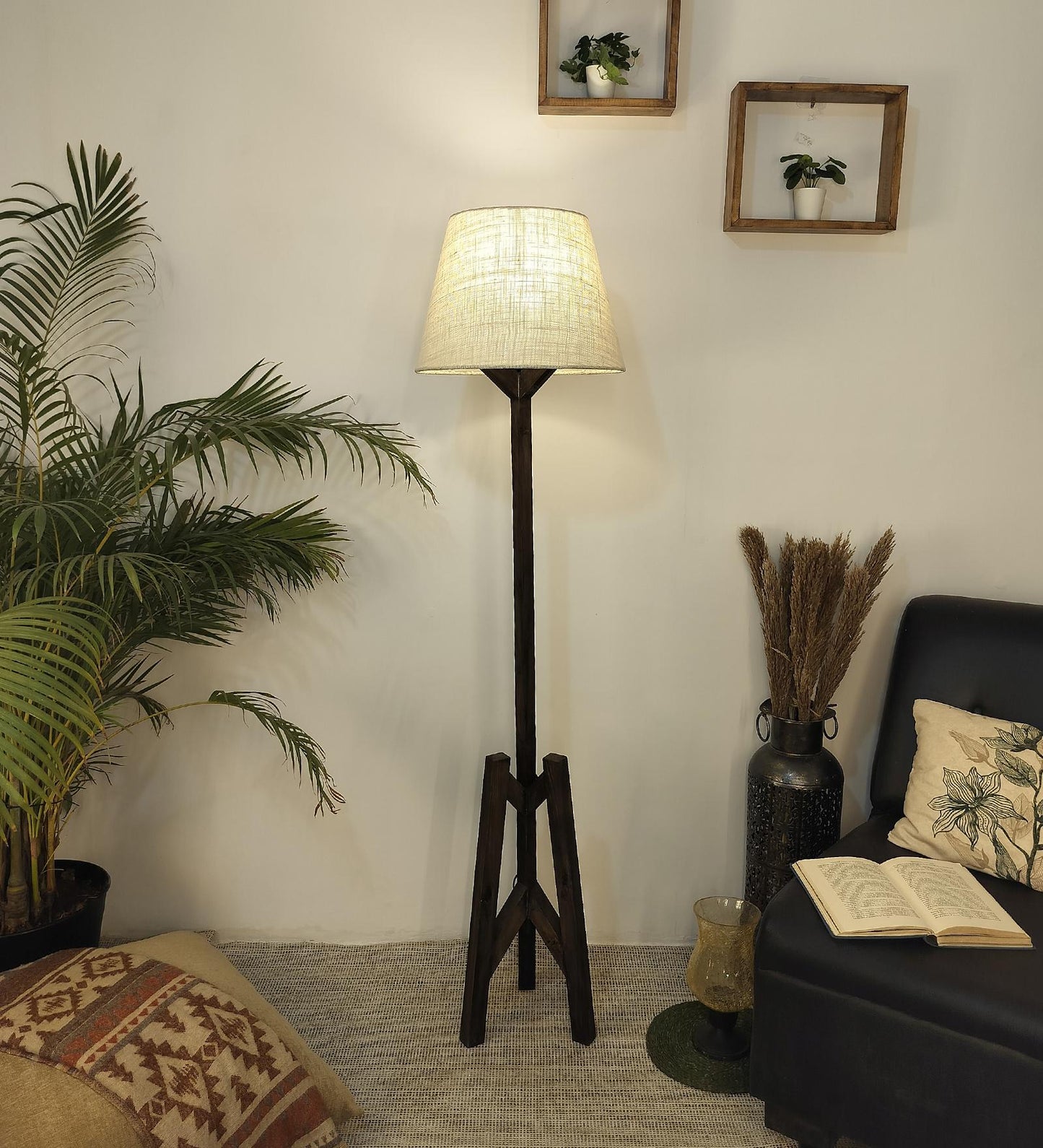 Loam Wooden Floor Lamp with Brown Base and Premium Beige Fabric Lampshade