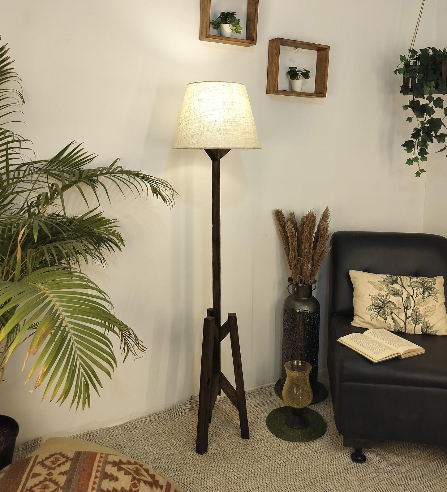 Loam Wooden Floor Lamp with Brown Base and Premium Beige Fabric Lampshade