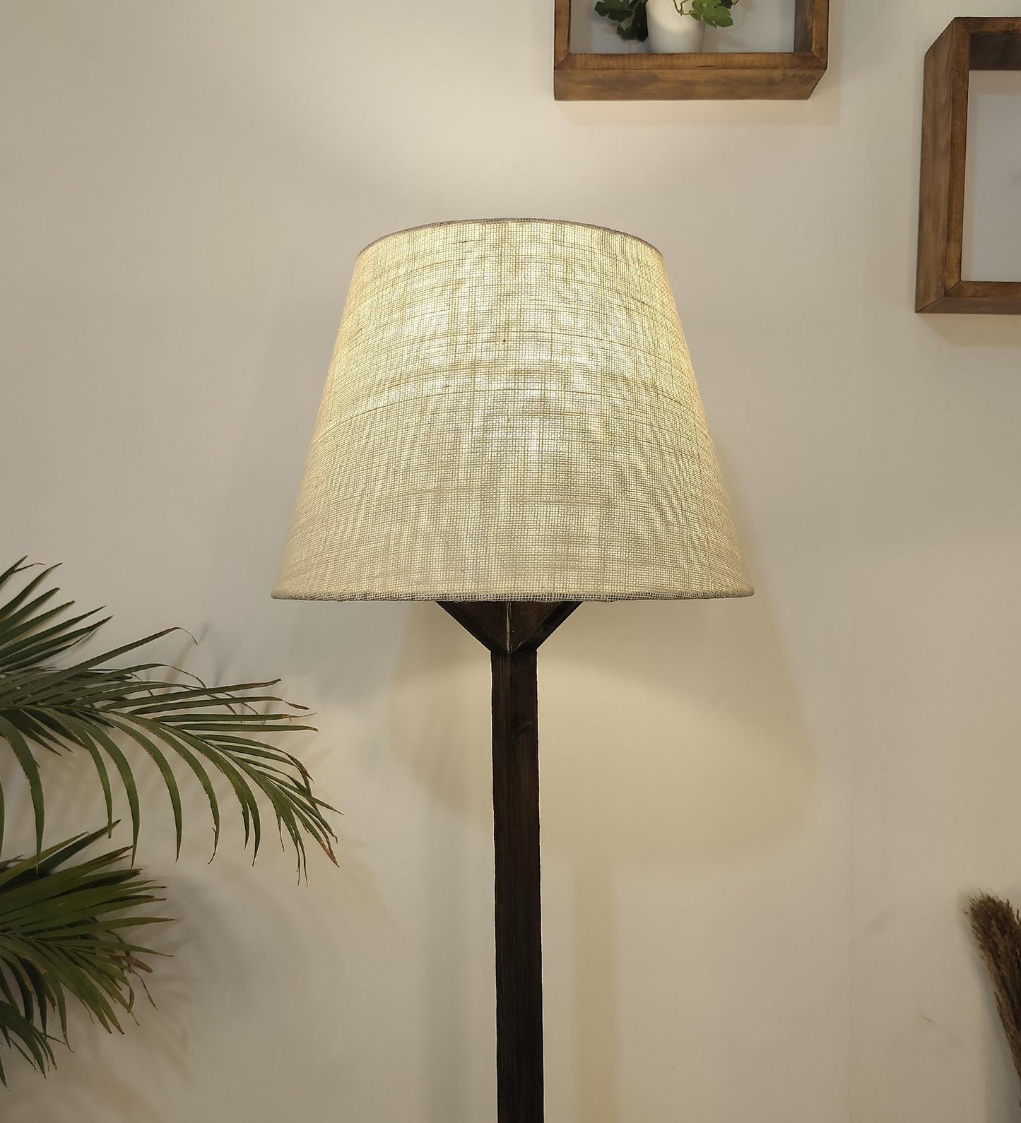 Loam Wooden Floor Lamp with Brown Base and Premium Beige Fabric Lampshade