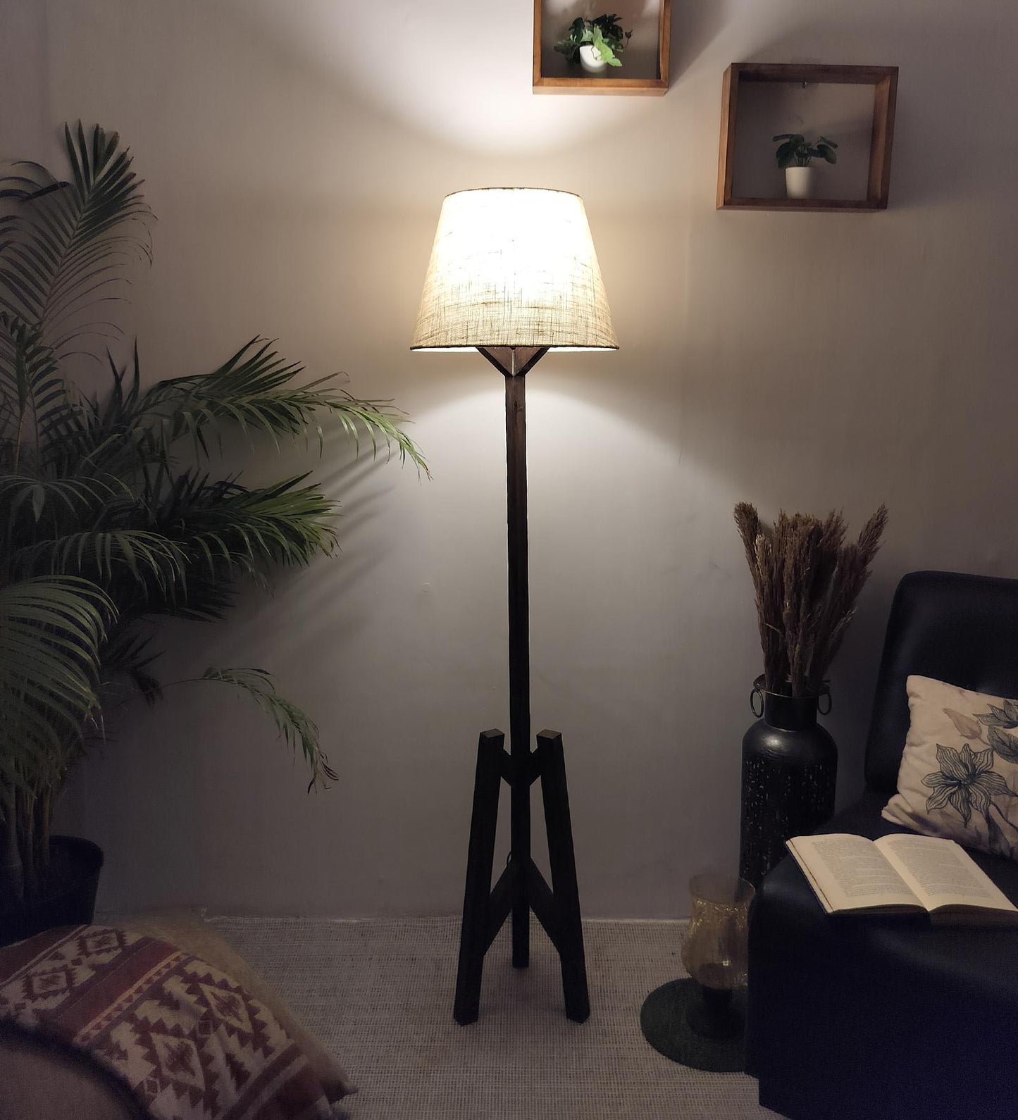 Loam Wooden Floor Lamp with Brown Base and Premium Beige Fabric Lampshade