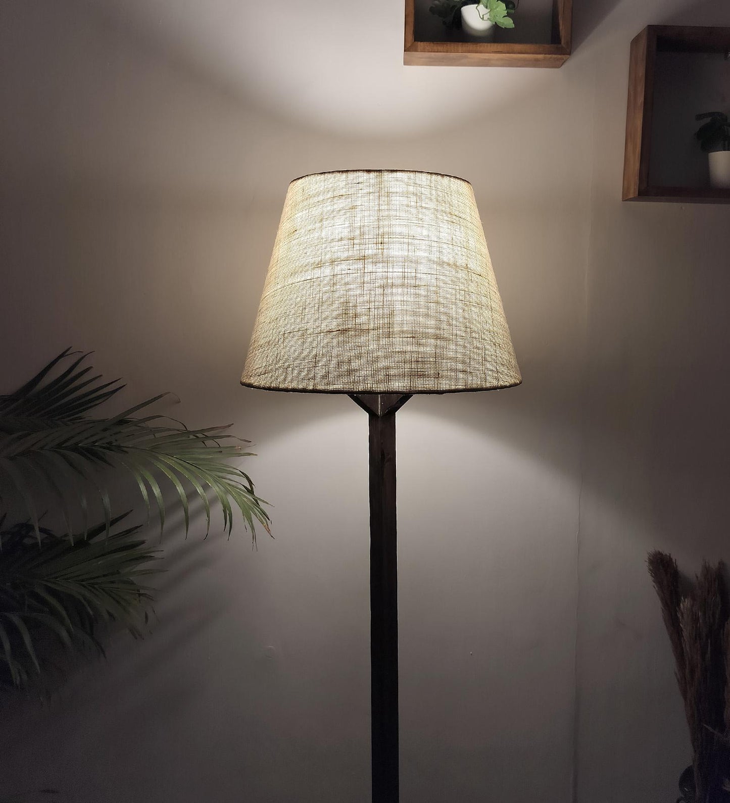 Loam Wooden Floor Lamp with Brown Base and Premium Beige Fabric Lampshade
