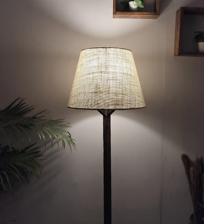 Loam Wooden Floor Lamp with Brown Base and Premium Beige Fabric Lampshade
