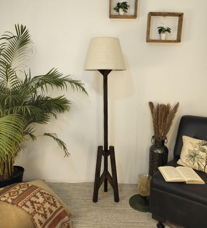 Loam Wooden Floor Lamp with Brown Base and Premium Beige Fabric Lampshade