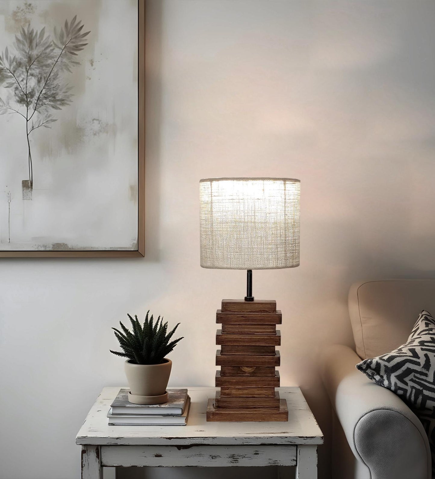 Do Brown Wooden Table Lamp with Jute Lampshade
