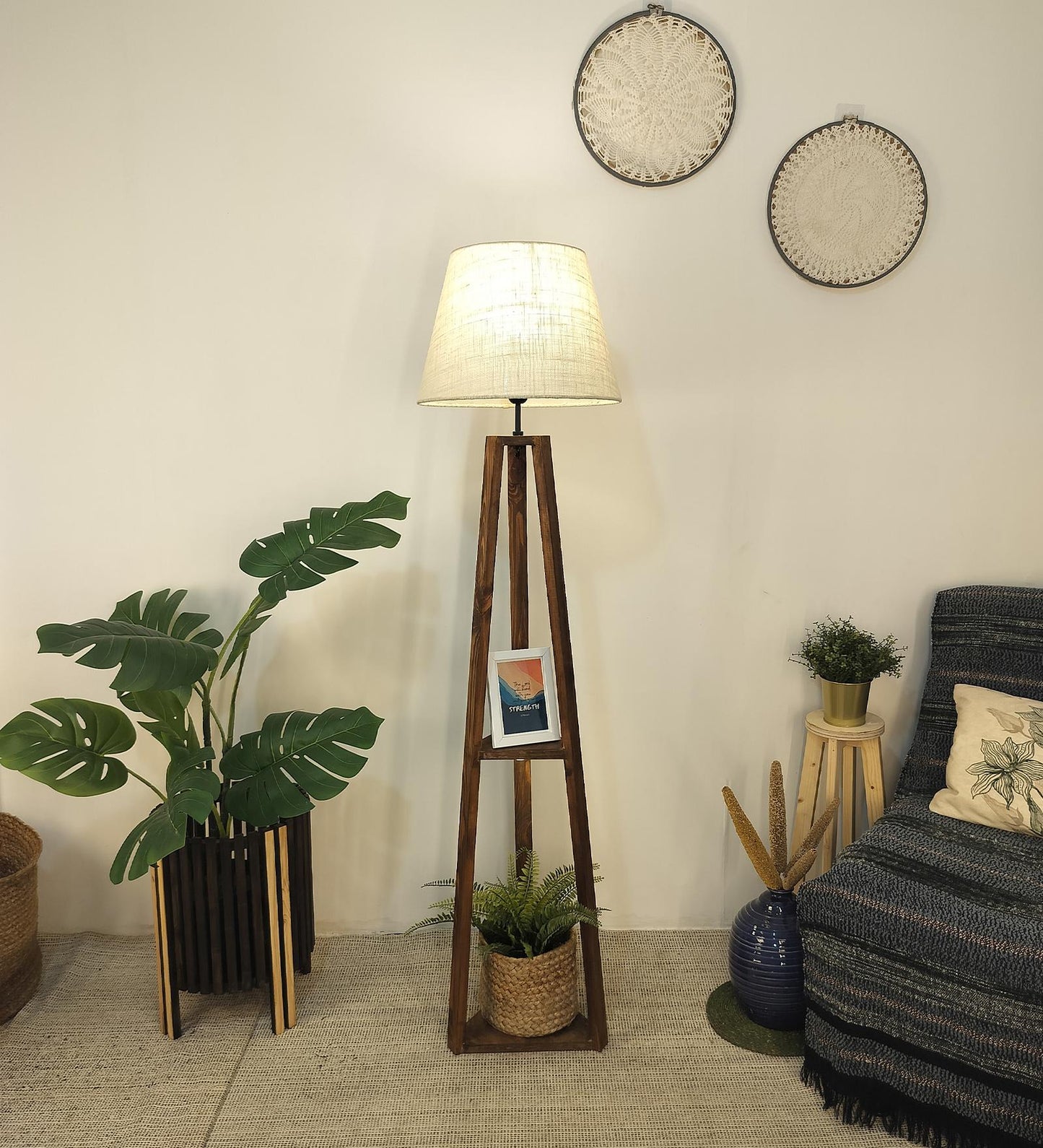Knoll Wooden Floor Lamp with Brown Base and Jute Fabric Lampshade