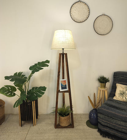 Knoll Wooden Floor Lamp with Brown Base and Jute Fabric Lampshade
