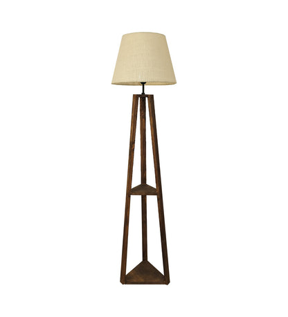 Knoll Wooden Floor Lamp with Brown Base and Jute Fabric Lampshade