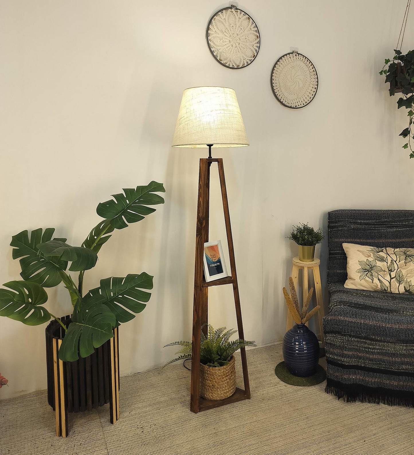 Knoll Wooden Floor Lamp with Brown Base and Jute Fabric Lampshade