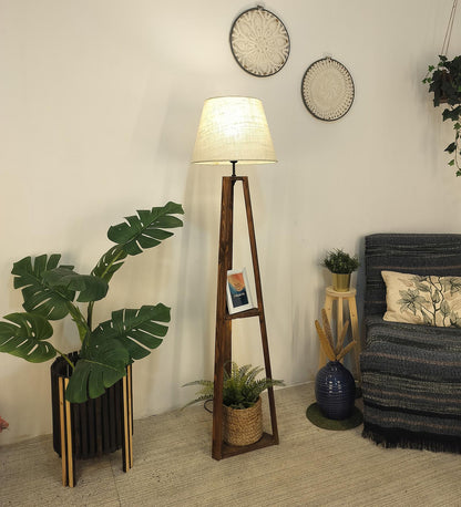 Knoll Wooden Floor Lamp with Brown Base and Jute Fabric Lampshade