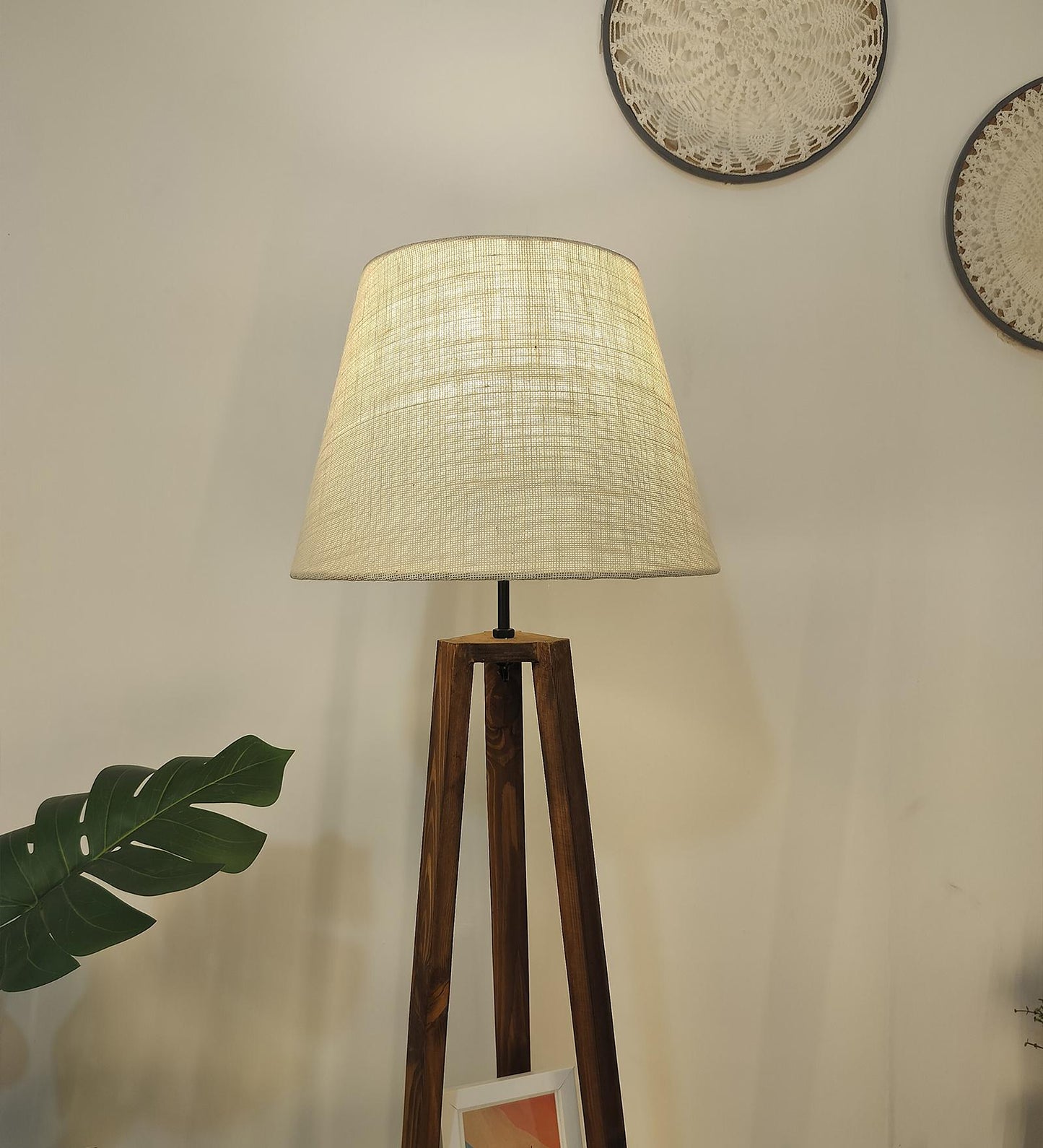 Knoll Wooden Floor Lamp with Brown Base and Jute Fabric Lampshade
