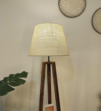 Knoll Wooden Floor Lamp with Brown Base and Jute Fabric Lampshade