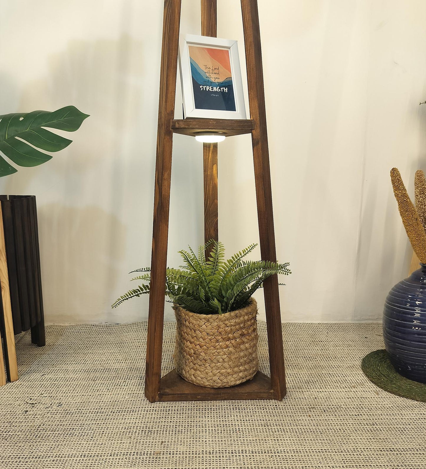 Knoll Wooden Floor Lamp with Brown Base and Jute Fabric Lampshade