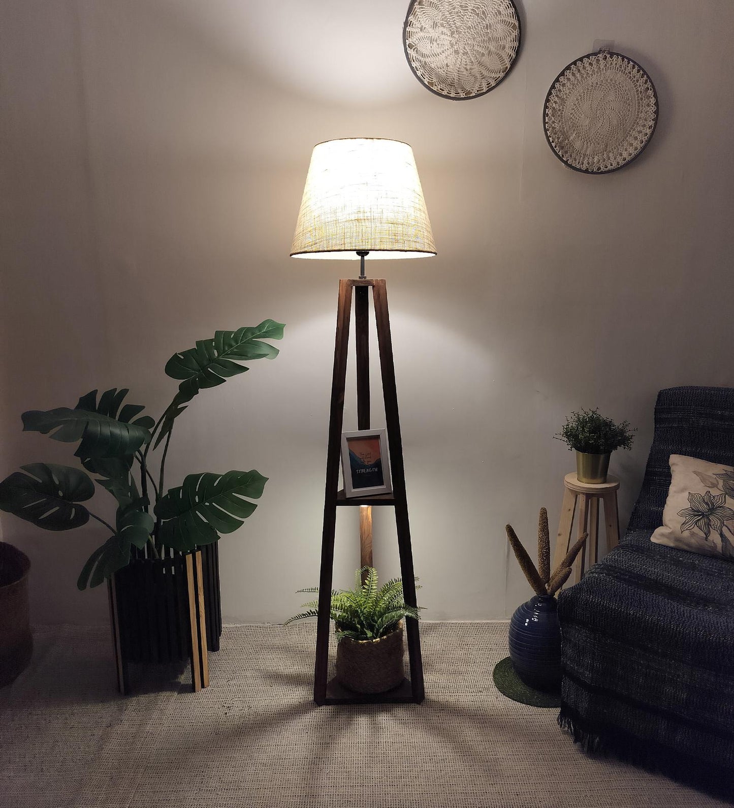 Knoll Wooden Floor Lamp with Brown Base and Jute Fabric Lampshade