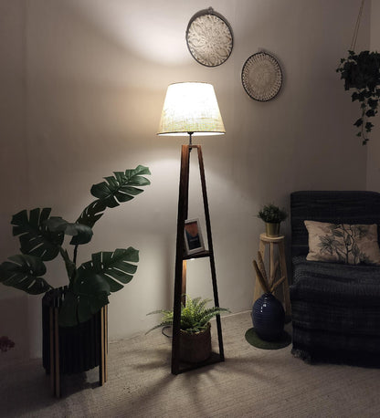 Knoll Wooden Floor Lamp with Brown Base and Jute Fabric Lampshade