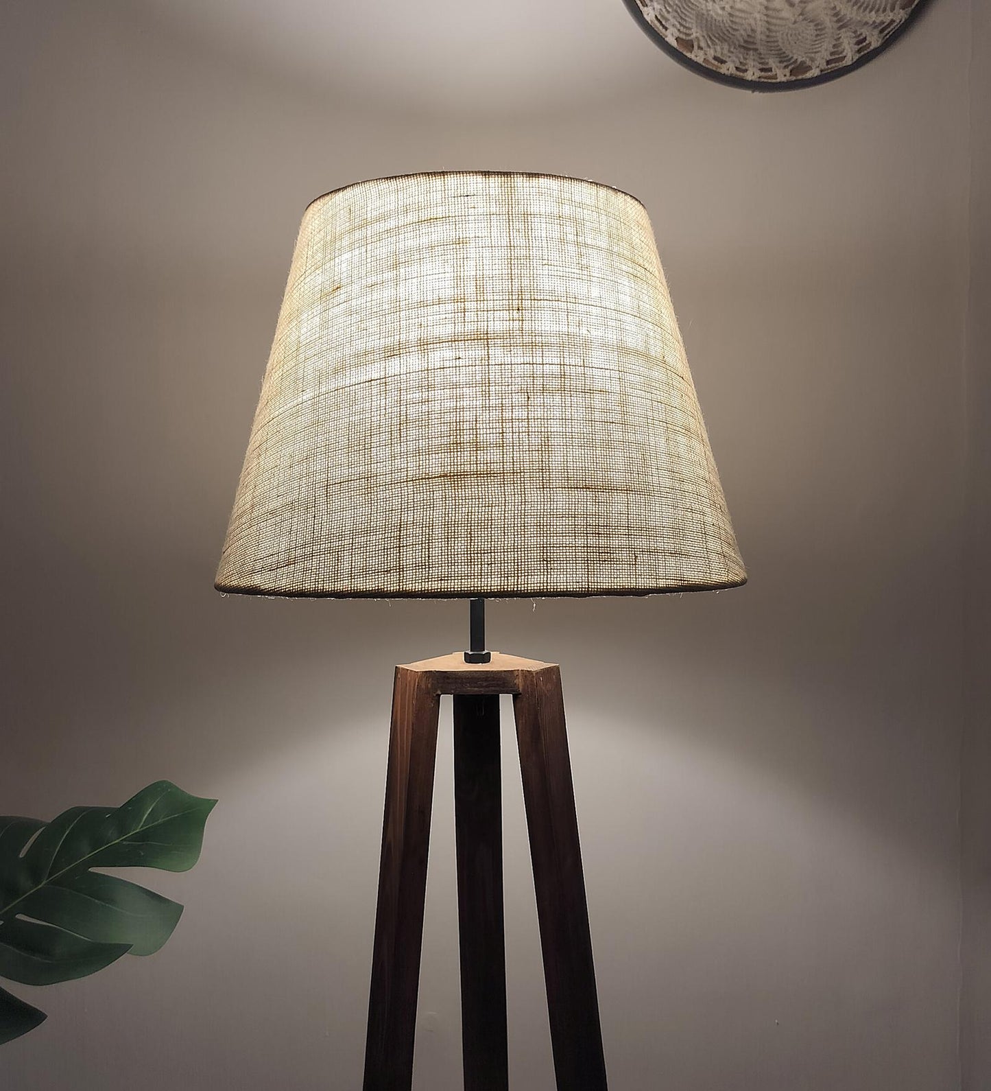 Knoll Wooden Floor Lamp with Brown Base and Jute Fabric Lampshade