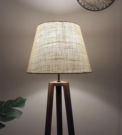 Knoll Wooden Floor Lamp with Brown Base and Jute Fabric Lampshade