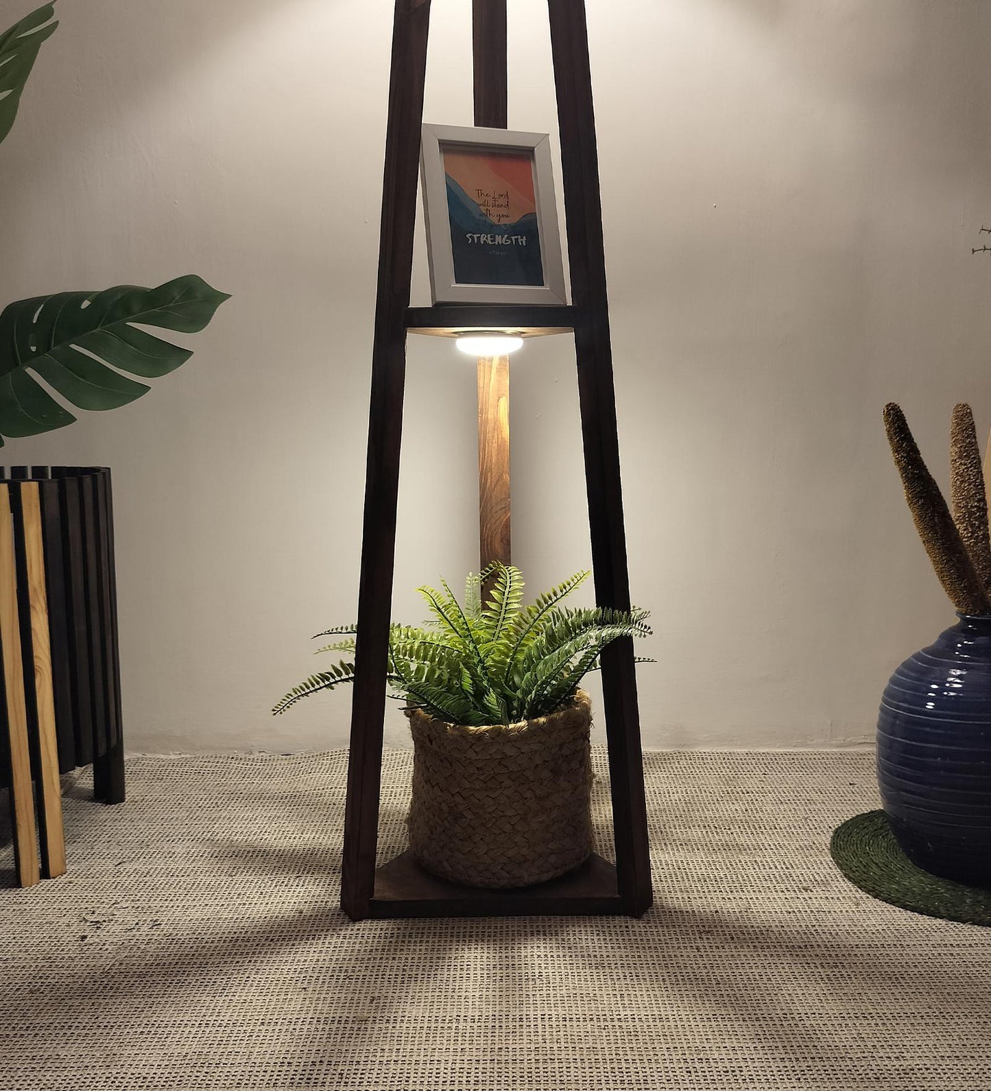 Knoll Wooden Floor Lamp with Brown Base and Jute Fabric Lampshade