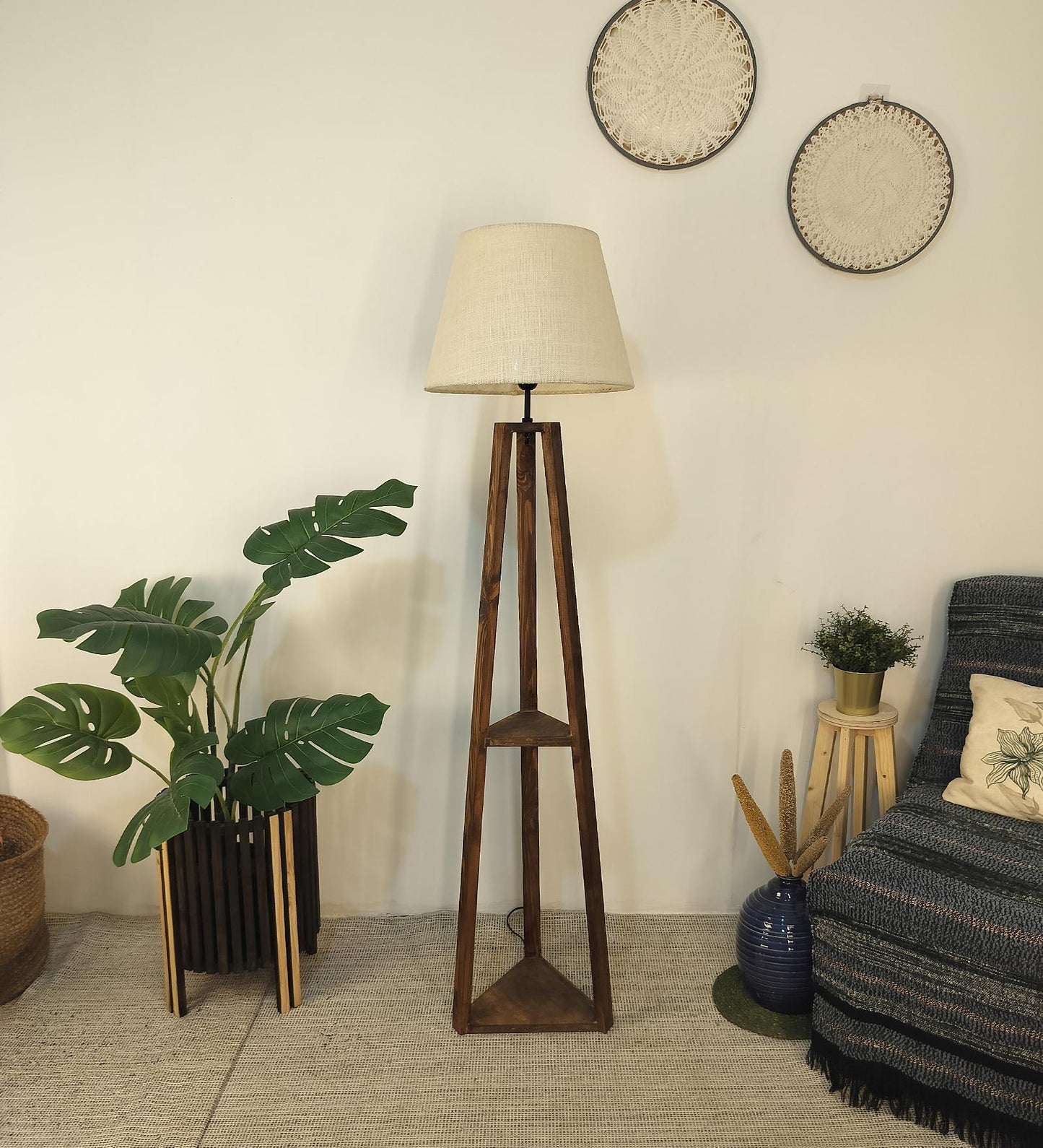 Knoll Wooden Floor Lamp with Brown Base and Jute Fabric Lampshade