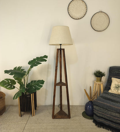 Knoll Wooden Floor Lamp with Brown Base and Jute Fabric Lampshade