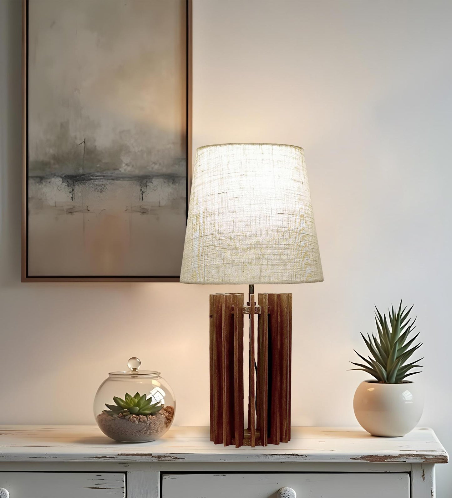 Dive Brown Wooden Table Lamp with Jute Lampshade