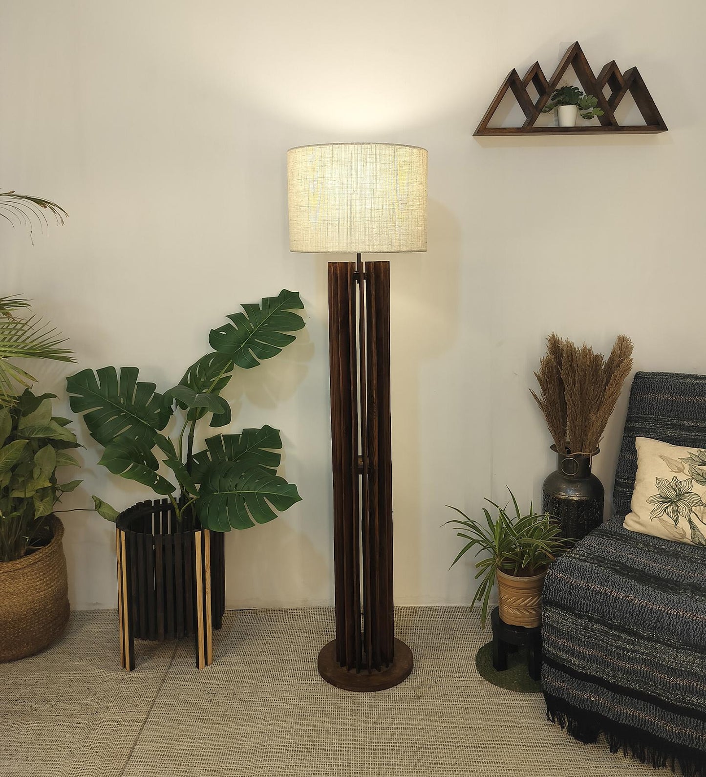 Dive Wooden Floor Lamp with Premium Beige Fabric Lampshade
