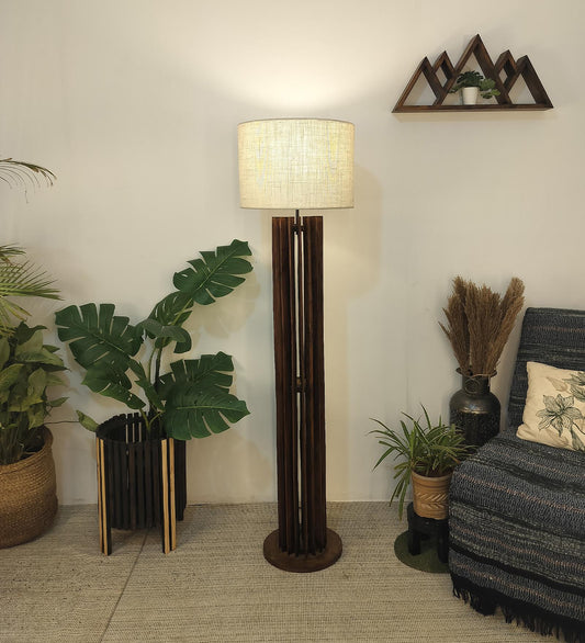 Dive Wooden Floor Lamp with Premium Beige Fabric Lampshade