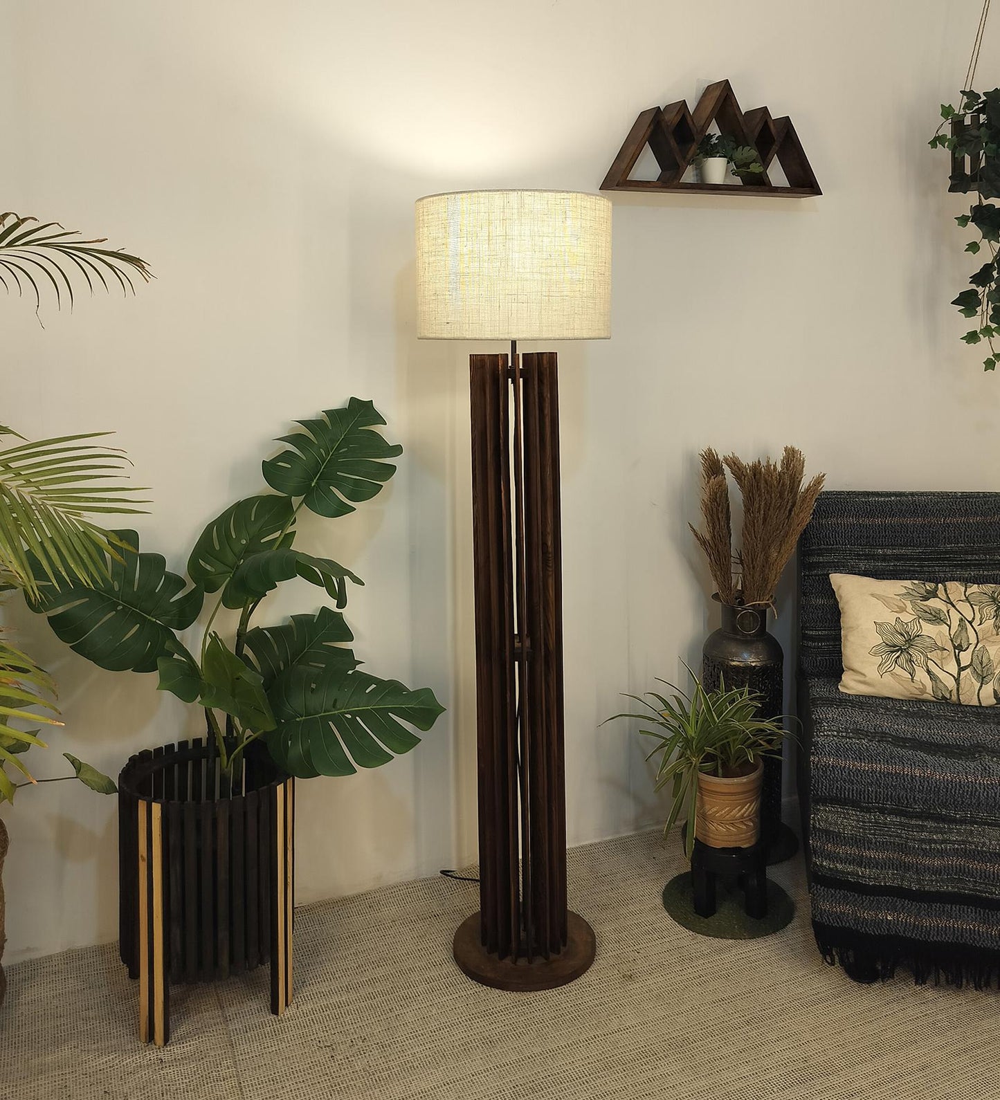 Dive Wooden Floor Lamp with Premium Beige Fabric Lampshade