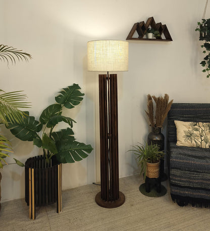 Dive Wooden Floor Lamp with Premium Beige Fabric Lampshade