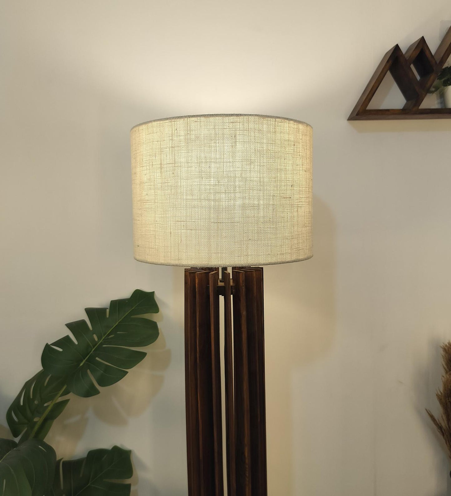 Dive Wooden Floor Lamp with Premium Beige Fabric Lampshade