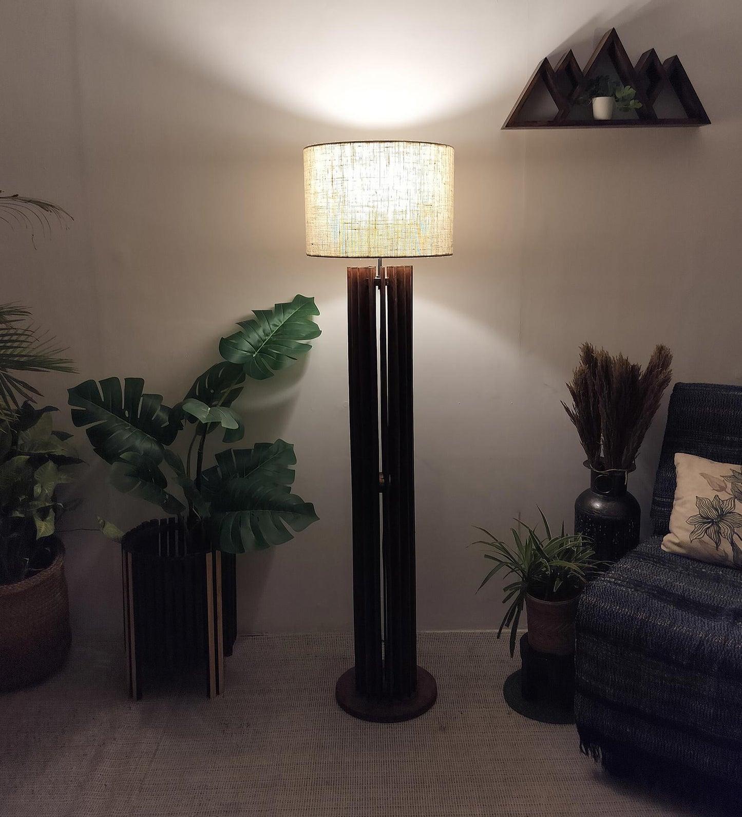 Dive Wooden Floor Lamp with Premium Beige Fabric Lampshade