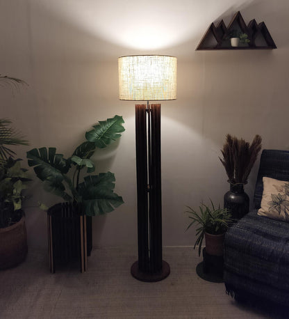 Dive Wooden Floor Lamp with Premium Beige Fabric Lampshade