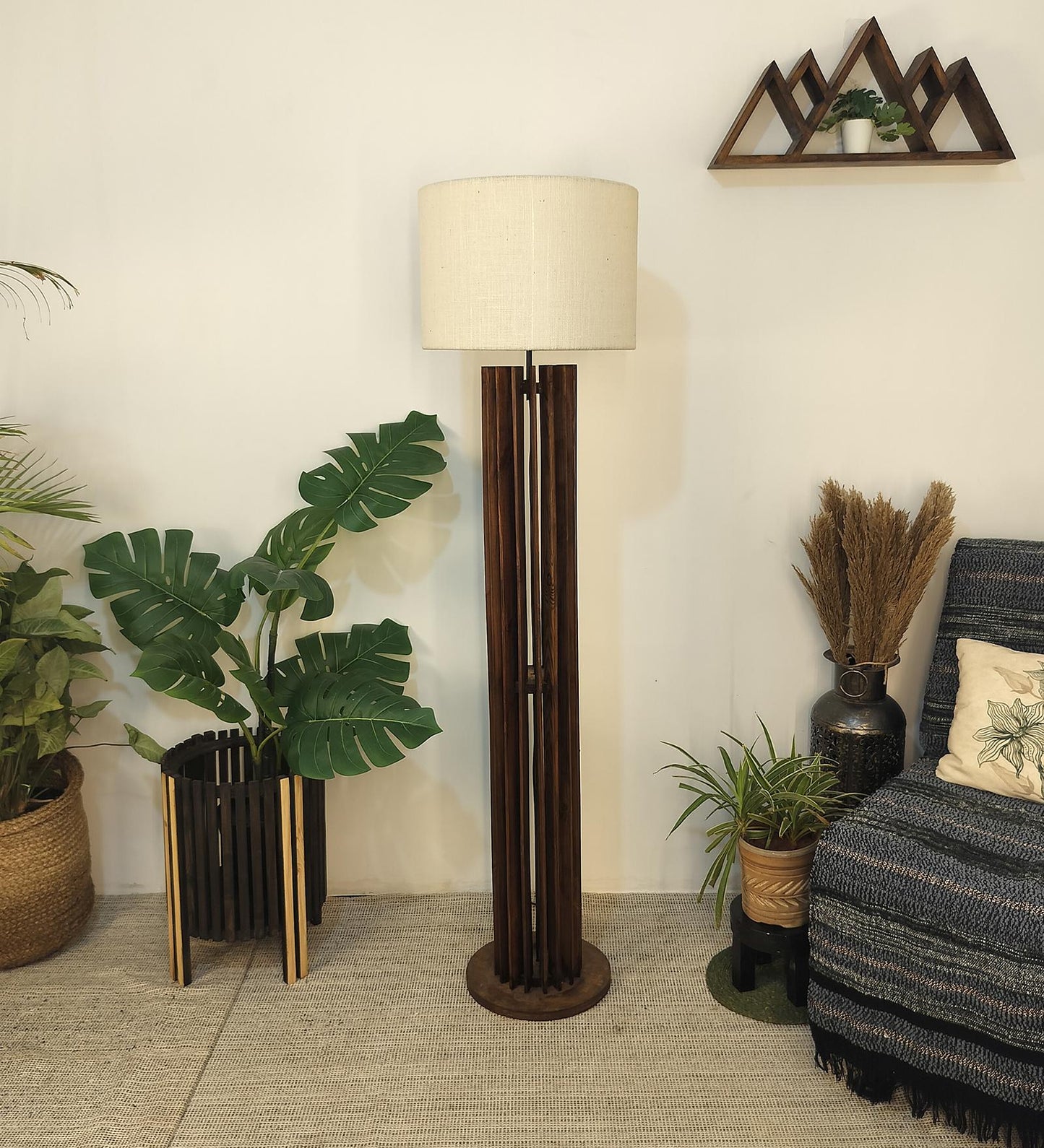 Dive Wooden Floor Lamp with Premium Beige Fabric Lampshade